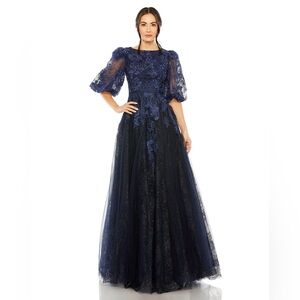 NWT $798 MAC DUGGAL LACE EMBROIDERED LONG MAXI GOWN DRESS NAVY BEADED 20506
